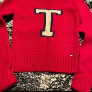Tommy Hilfiger Red Crewneck Sweater with Cream 'T' and Navy Outline